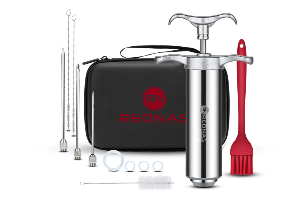 "Ontdek de Rednas RVS marinade injectiespuit met 3 naalden en opbergtas - het perfecte cadeau voor hem, ideaal voor barbecue liefhebbers."