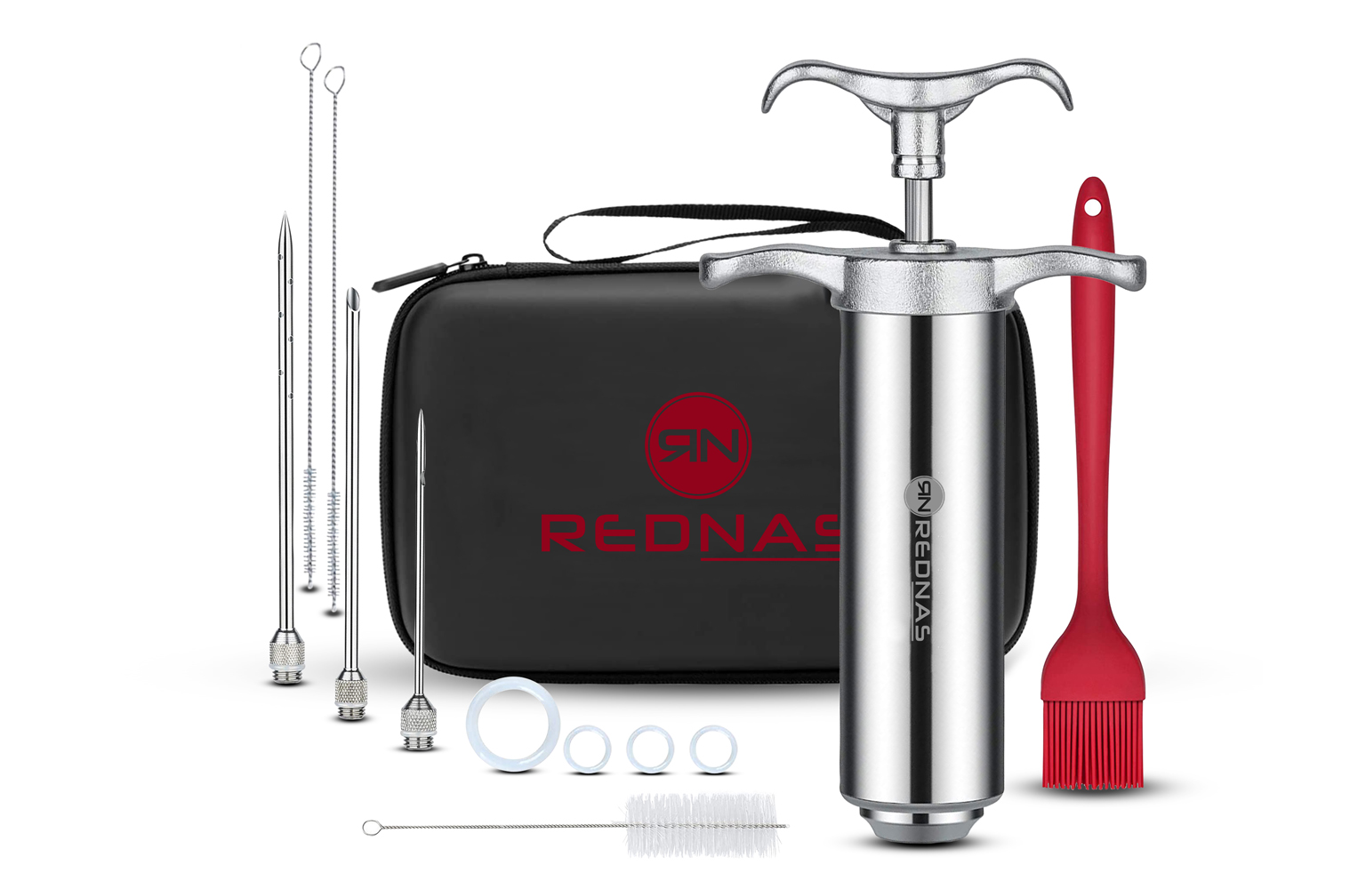 "Ontdek de Rednas RVS marinade injectiespuit met 3 naalden en opbergtas - het perfecte cadeau voor hem, ideaal voor barbecue liefhebbers."